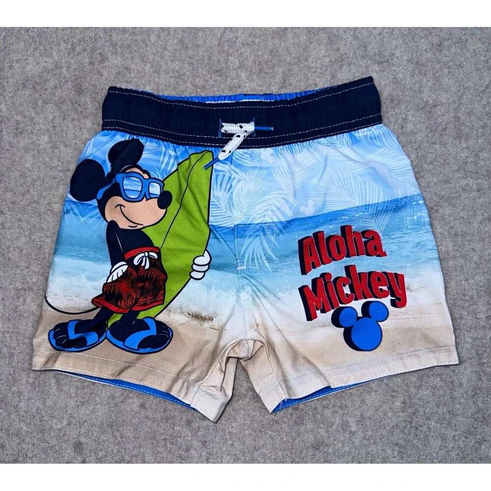 Disney Junior Mickey Mouse Aloha Swim Trunks Boys 2T Blue Drawstring Lined